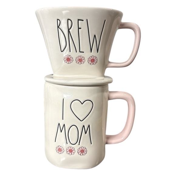 Rae Dunn I Love Mom Ivory & Pink Flower Coffee Drip & Mug Set 20 oz Mother - Picture 1 of 8